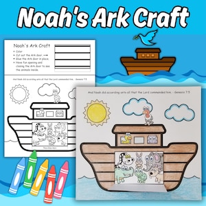 May include: A craft project titled "Noah's Ark Craft" with instructions and a coloring page. The image shows a brown ark with animals, a sun, and clouds. Crayons in blue, green, yellow, orange, and pink are also visible.