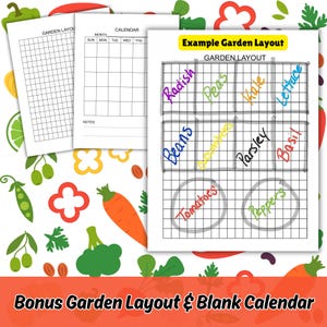 Pu&ograve; includere: Un pianificatore da giardino stampabile con un calendario vuoto e un layout da giardino a griglia. Il layout da giardino di esempio mostra una griglia con diverse verdure ed erbe aromatiche etichettate a mano in colori vivaci. Le verdure includono pomodori, peperoni, fagioli, ravanelli, piselli, cavolo riccio, lattuga, prezzemolo e basilico.