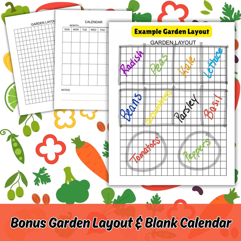Pu&ograve; includere: Un pianificatore da giardino stampabile con un calendario vuoto e un layout da giardino a griglia. Il layout da giardino di esempio mostra una griglia con diverse verdure ed erbe aromatiche etichettate a mano in colori vivaci. Le verdure includono pomodori, peperoni, fagioli, ravanelli, piselli, cavolo riccio, lattuga, prezzemolo e basilico.