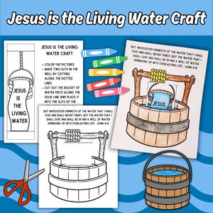 Gesù è l'acqua viva Bibbia artigianale stampabile per bambini Lezione biblica della scuola domenicale, donna al pozzo Giovanni 4:14 Versetto della Bibbia Attività per la chiesa