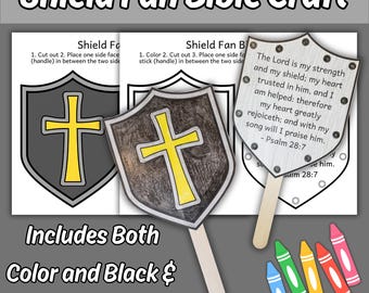 Puede incluir: Un kit de manualidades bíblicas de abanico con forma de escudo con plantillas imprimibles de un escudo con una cruz amarilla. Un escudo muestra una textura metálica con el texto Salmo 28:7, otro es negro. Incluye un palo de madera y cinco crayones.