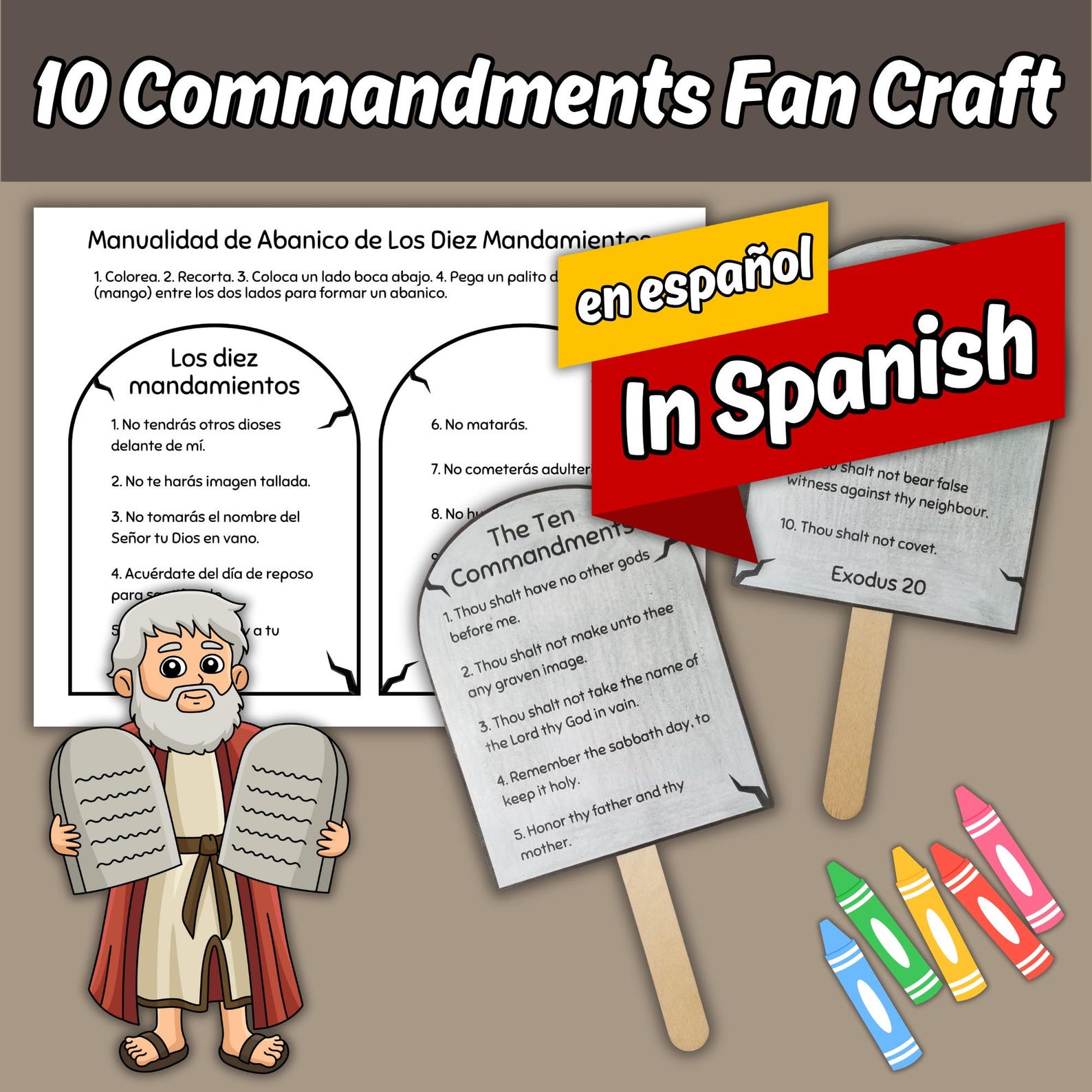 The Ten Commandments Fan Craft IN SPANISH for Kids Sunday School Bible ...