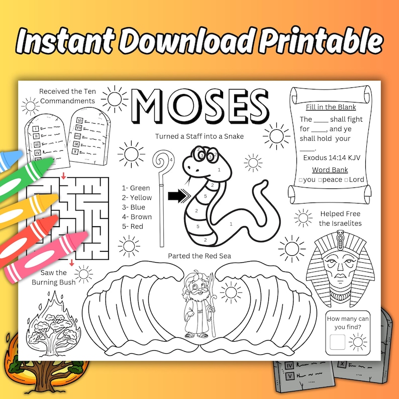 May include: Black and white printable colouring page with the text "Instant Download Printable" at the top. The page features illustrations of Moses, the Ten Commandments, a snake, and the parting of the Red Sea. Includes a maze and fill-in-the-blank section.