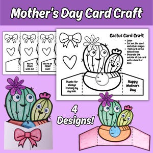 Tarjeta plegable para el Día de la Madre, actividad para colorear imprimible para niños, actividad para el aula del Día de la Madre, linda tarjeta de cactus para regalar como recuerdo a mamá