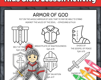Armor of God Sunday School Bible Lesson Coloring Page for Kids, Ephesians 6:11 Armour of God Printable Children's Church Christian Activity