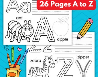 Lär dig alfabetet, handstilsarbetsbok, 26 sidor utskrivbar för barn, roliga A till Ö målaraktivitetsblad, pedagogiska ABC-målarbilder