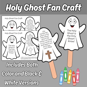 May include: A Holy Ghost fan craft kit featuring white ghost cutouts with black outlines, text from John 14:26, and a brown cross illustration. The set includes two assembled ghost fans on wooden sticks and five colorful crayons in blue, green, yellow, red, and pink.