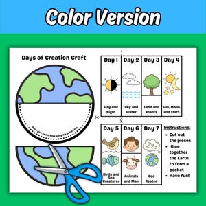 May include: A printable craft sheet titled Days of Creation Craft featuring a globe graphic with dotted lines for gluing, seven rectangular panels illustrating creation days with icons and text, and a pair of blue scissors over the bottom globe.