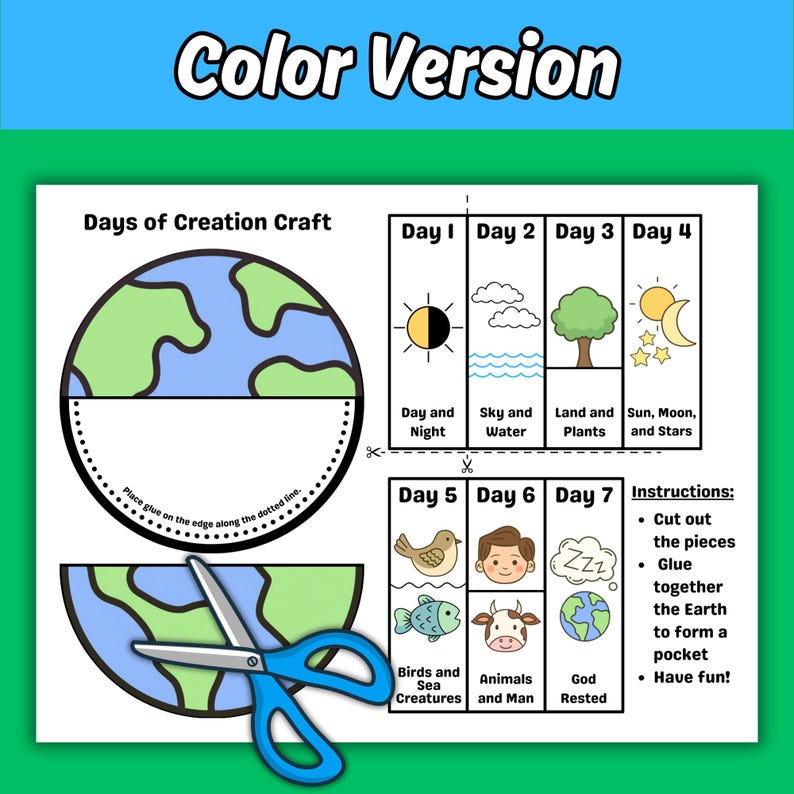 May include: A printable craft sheet titled Days of Creation Craft featuring a globe graphic with dotted lines for gluing, seven rectangular panels illustrating creation days with icons and text, and a pair of blue scissors over the bottom globe.