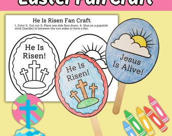 He Is Risen Easter Fan Craft for Kids Sunday School Bible Lesson The Resurrection of Jesus Easter Sunday Printable Craft Activity for Church