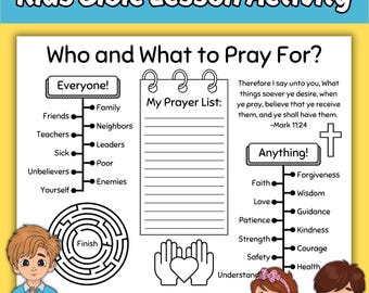 Prayer Bible Lesson Activity Sheet for Kids, Who and What to Pray For Sunday School Lesson Printable Coloring Activity Placemat for Children