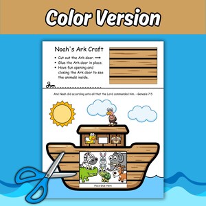K&ouml;nnte beinhalten: Ein druckbares Bastelblatt zur Arche Noah mit einem braunen Holzboot, einer gelben Sonne, blauen Wolken und Zeichentricktieren. Die Seite enth&auml;lt Anleitungen, eine ausschneidbare T&uuml;r und den Text: Noah's Ark Craft, And Noah did according unto all that the Lord commanded him. - Genesis 7:5.