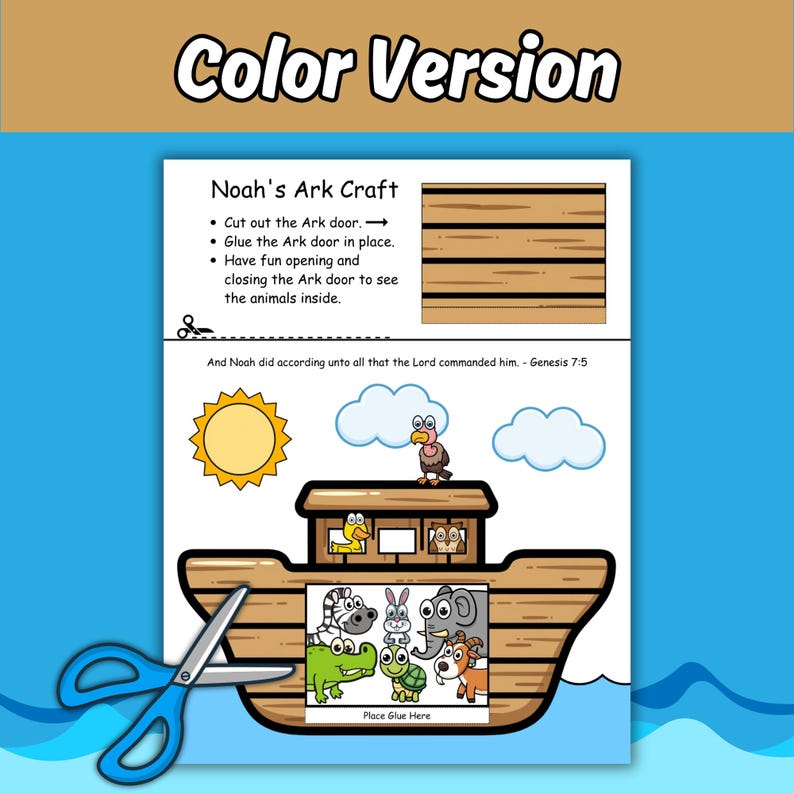K&ouml;nnte beinhalten: Ein druckbares Bastelblatt zur Arche Noah mit einem braunen Holzboot, einer gelben Sonne, blauen Wolken und Zeichentricktieren. Die Seite enth&auml;lt Anleitungen, eine ausschneidbare T&uuml;r und den Text: Noah's Ark Craft, And Noah did according unto all that the Lord commanded him. - Genesis 7:5.