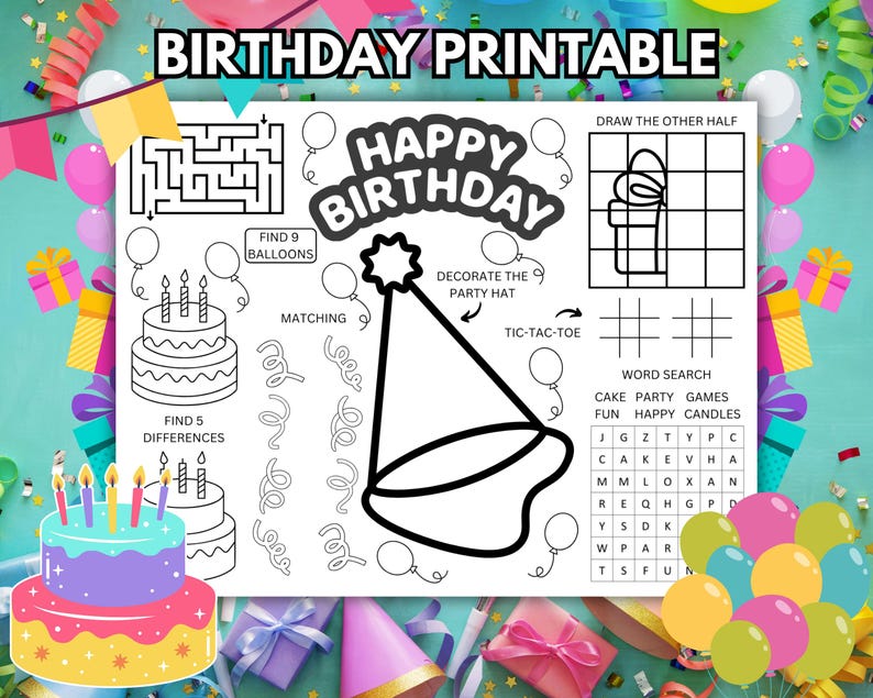 Kids Birthday Activity Sheet, Birthday Party Printable Activity Page ...