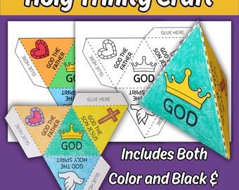Holy Trinity 3-D Pyramid Craft for Kids Sunday School Bible Lesson, Printable Father, Son, Holy Spirit Children's Church Coloring Activity