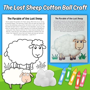 The Parable of the Lost Sheep Bible Story Cotton Ball Craft Printable for Kids Sunday School Lesson, The Lost Sheep Church Coloring Activity