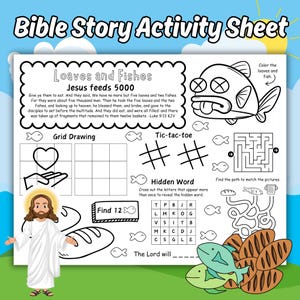 Jesus Feeds 5000 Activity Sheet Printable, Bible Story Coloring Activity Page, Loaves and Fishes Activity Placemat, Sunday School Activity