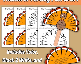 The Thankful Turkey Fan Craft for Kids Sunday School Bible Lesson, Thanksgiving Themed Printable Children's Church Fall Coloring Activity