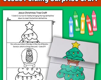 Albero di Natale con Gesù: attività creativa a sorpresa con la Bibbia da piegare, ideale per bambini, lezioni di catechismo e attività di colorazione natalizie per la chiesa dei bambini.