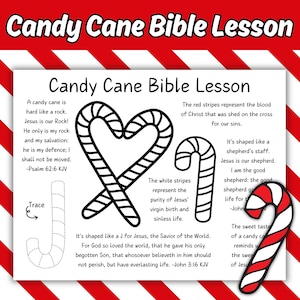 Könnte beinhalten: Ein weißes Arbeitsblatt mit dem Titel Candy Cane Bible Lesson, das schwarze Strichzeichnungen von Zuckerstangen, Text über religiöse Symbolik, eine Nachspurübung und eine rot-weiß gestreifte Zuckerstangengrafik in der Ecke enthält.