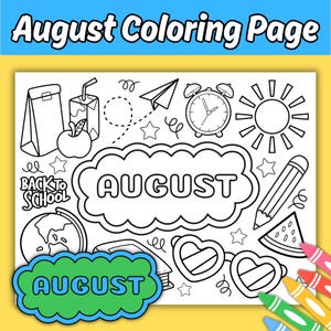 Month of August Printable Coloring Placemat Page for Kids, Simple and Bold Back to School Themed Coloring Sheet Activity Page for Children