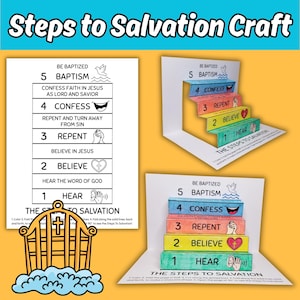 May include: A craft project titled "Steps to Salvation" with text and illustrations. The design includes a staircase with numbered steps, each representing a step in the salvation process, such as "Believe" and "Baptism."