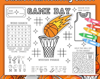 Basketball Spiel Tag Kinder Aktivitätsblatt, druckbares Basketball Themed Färbung Aktivitäts-Tischset für Geburtstagsfeier, Basketballspiel-Event