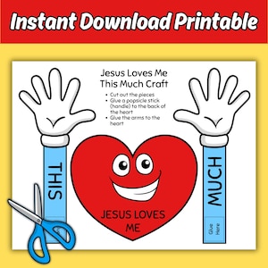 Puede incluir: Una manualidad imprimible titulada "Jesus Loves Me This Much Craft" presenta un coraz&oacute;n rojo sonriente con brazos y manos. El texto incluye instrucciones de montaje y las palabras "THIS" y "MUCH" en tiras azules. Tambi&eacute;n se incluye un par de tijeras azules.