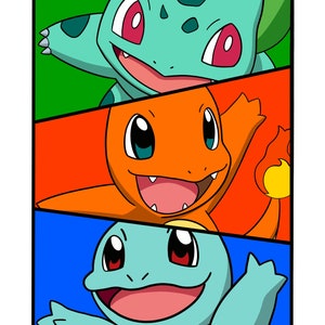 May include: A cartoon illustration of three Pokemon characters. The top character is a green and blue Squirtle, the middle character is an orange Charmander, and the bottom character is a blue Bulbasaur.