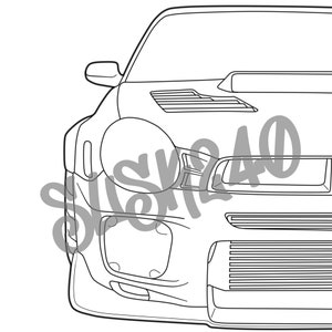 May include: Line drawing of a white Subaru Impreza WRX STI with a black grille and a large front bumper.