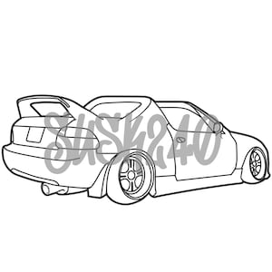 May include: Line drawing of a white Honda Civic Del Sol with a rear wing, large wheels, and a lowered stance.