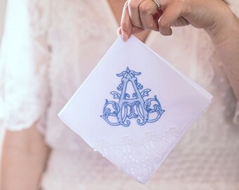 Embroidered Handkerchief for Woman | Custom Monogrammed Hankie for Women Vine Style with Corner Lace
