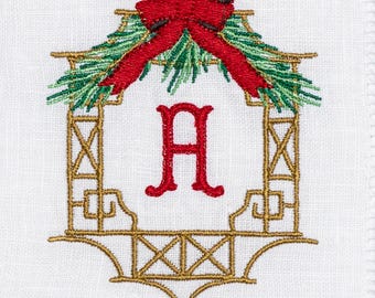Embroidered  Christmas Chinoiserie Frame Fingertip Towel with Single Letter Monogram