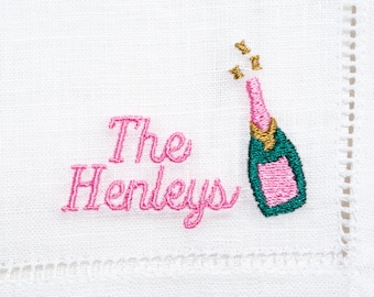Personalized Embroidered Cocktail Napkins with Champagne Bottle and Minimalist Custom Name Set | Threads & Honey