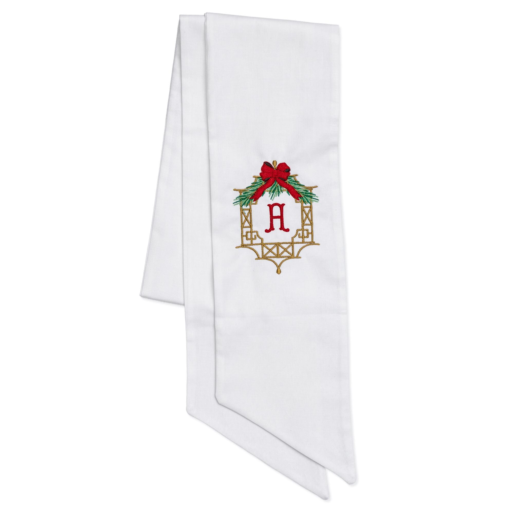 Embroidered Christmas Chinoiserie Frame Wreath Sash with Single Letter Monogram