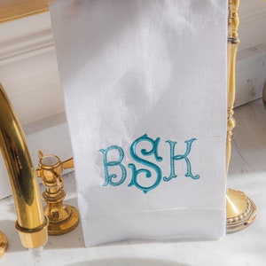 Monogram Hand Towel | Linen Formal Monogrammed Custom Embroidered Towel Hostess Personalized Gift  | Threads & Honey