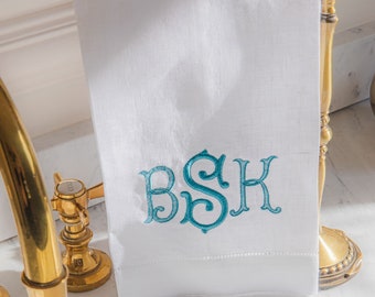 Monogram Hand Towel | Linen Formal Monogrammed Custom Embroidered Towel Hostess Personalized Gift  | Threads & Honey