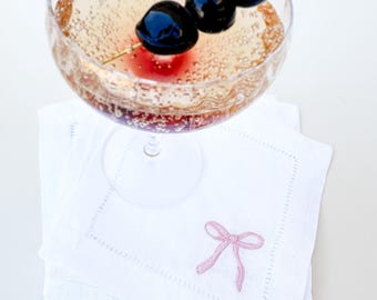 Embroidered Linen Cocktail Napkins with Bow and Custom Name Set