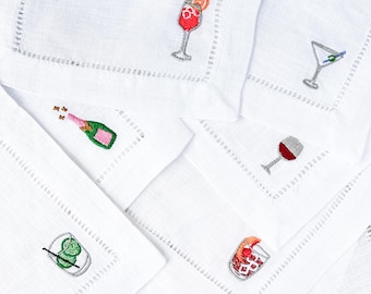 Personalized Embroidered Linen Cocktail Napkin with Custom Names and Fun Icons