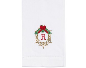 Embroidered Christmas Chinoiserie Frame Linen Hand Towel with Single Letter Monogram