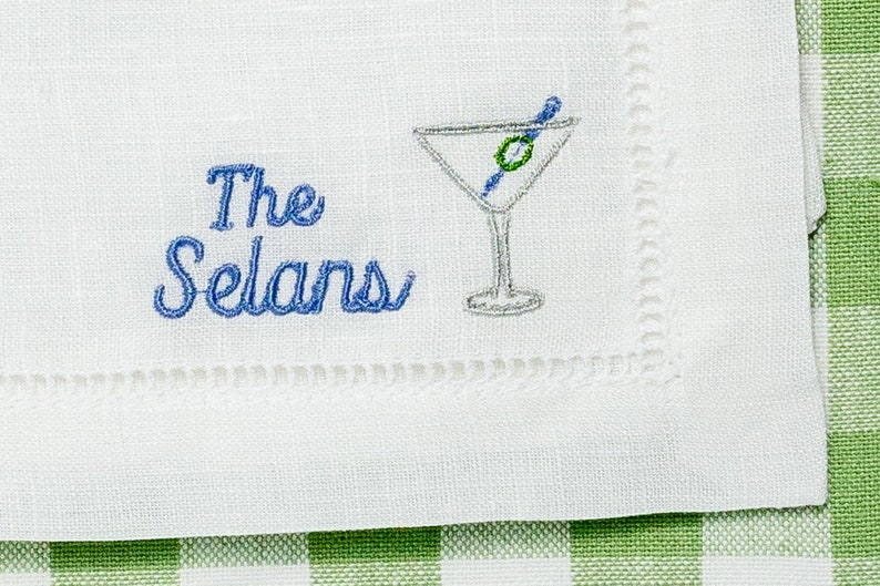 Personalized Embroidered Cocktail Napkins with Martini Glass and Minimalist Custom Name Set Threads & Honey image 2