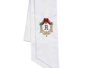 Embroidered Christmas Chinoiserie Frame Wreath Sash with Single Letter Monogram