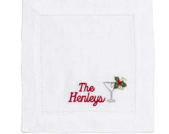 Embroidered Cocktail Napkins with Holiday Martini Glass and Minimalist Name Set | Threads & Honey