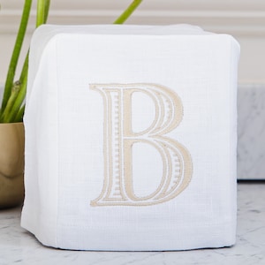 Linen Tissue Box Cover with Single Letter Formal Monogram for Bedroom or Bathroom Décor | Threads & Honey