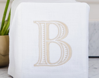 Linen Tissue Box Cover with Single Letter Formal Monogram for Bedroom or Bathroom Décor | Threads & Honey