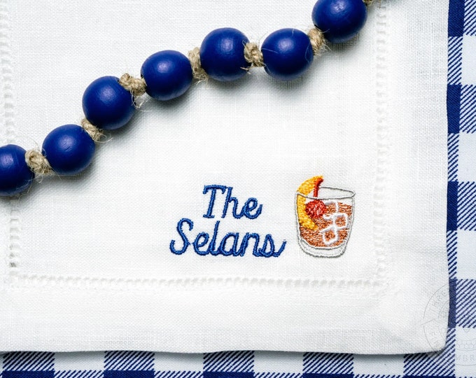 Bourbon Old Fashioned Embroidered Cocktail Napkins with Minimalist Name Set | Threads & Honey