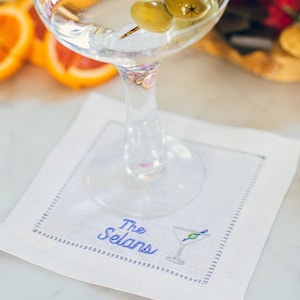 Personalized Embroidered Cocktail Napkins with Martini Glass and Minimalist Custom Name Set | Threads & Honey