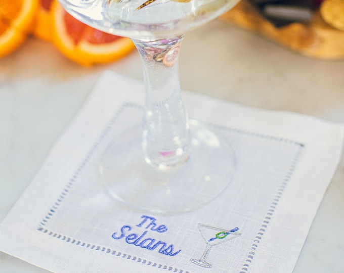Personalized Embroidered Cocktail Napkins with Martini Glass and Minimalist Custom Name Set | Threads & Honey