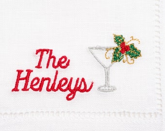 Embroidered Cocktail Napkins with Holiday Martini Glass and Minimalist Name Set | Threads & Honey