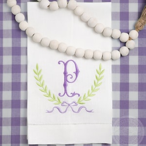 Monogram Tea Towel | Linen Crest Single Letter Monogrammed Custom Embroidered Towel Personalized Housewarming Gift  | Threads & Honey
